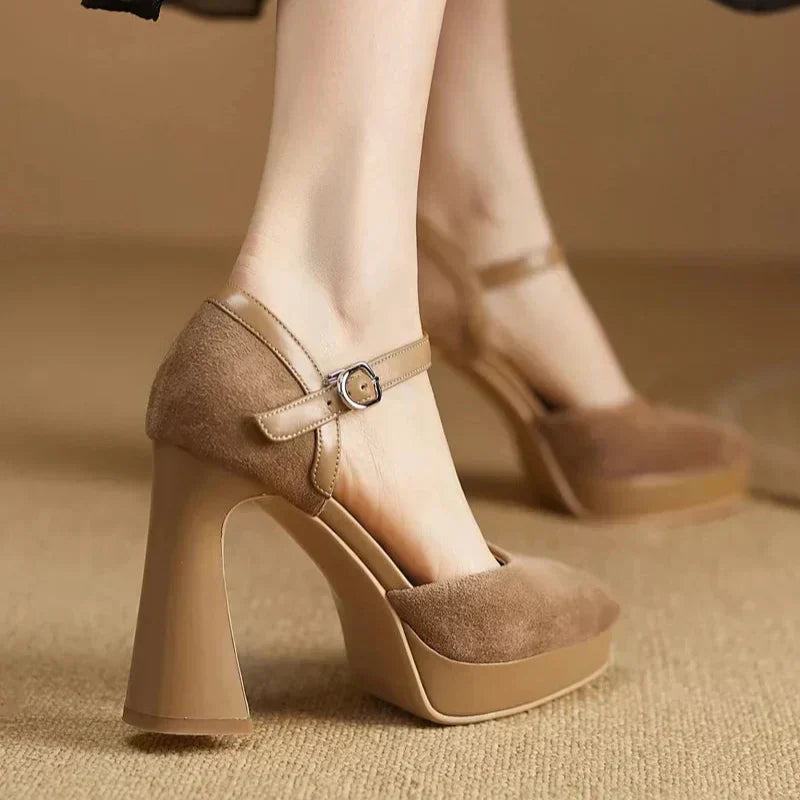 Stylish Suede Platform Pumps for Women with Mary Jane Buckle Strap Chunky Heel Style