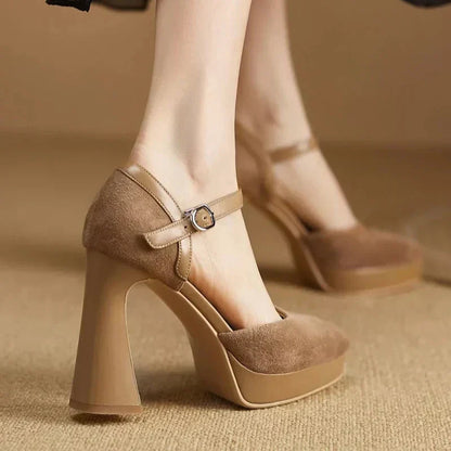Stylish Suede Platform Pumps for Women with Mary Jane Buckle Strap Chunky Heel Style