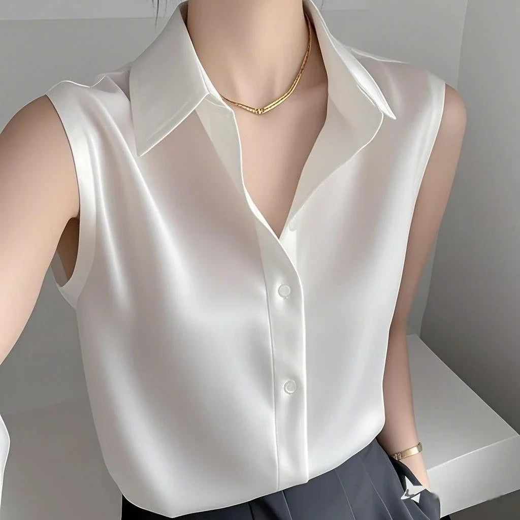 Elegant Satin Blouse for Women with Point Collar Sleeveless Button Front Silky Style