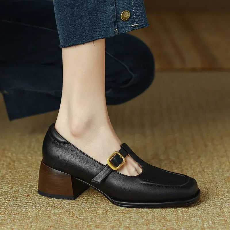 Elegant Leather Mary Jane Loafers for Women with T Strap Buckle Square Toe Block Heel Vintage Style