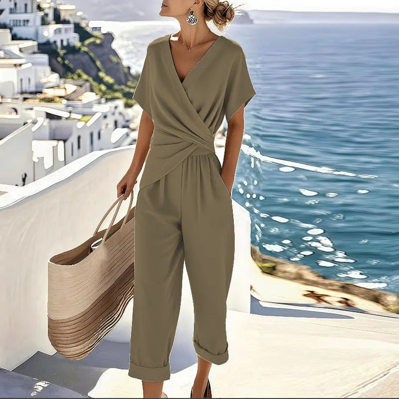 Effortless Wrap Jumpsuit for Women with V Neck Short Sleeve Wide Leg Twist Waist Relaxed Style