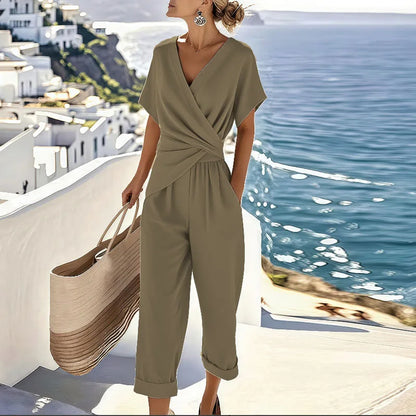 Effortless Wrap Jumpsuit for Women with V Neck Short Sleeve Wide Leg Twist Waist Relaxed Style