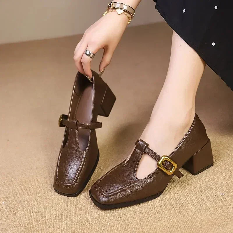 Elegant Leather Mary Jane Pumps for Women with Square Toe T Strap Block Heel Vintage Style