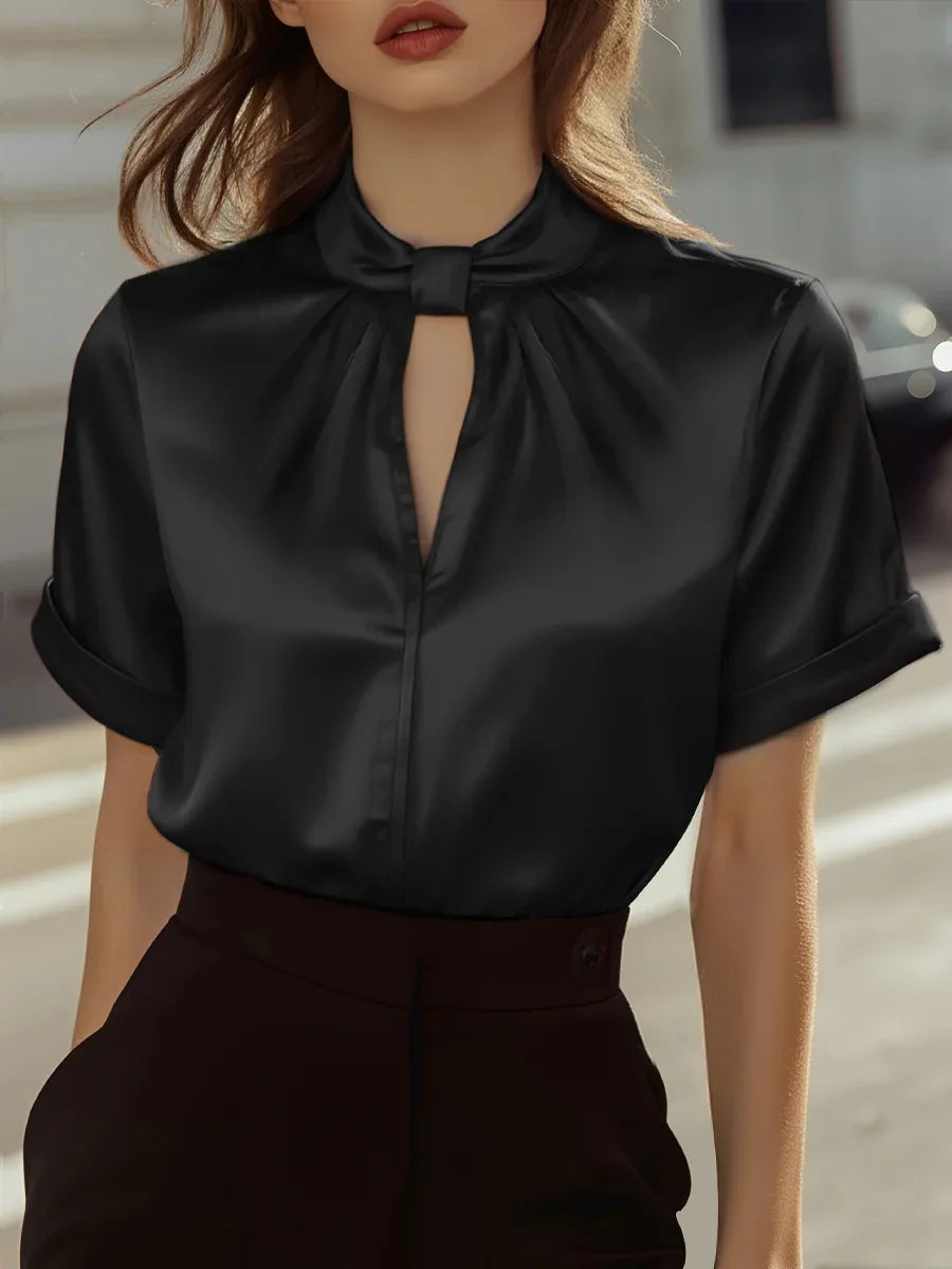 Elegant Satin Blouse for Women with Keyhole Tie Neck Cuffed Short Sleeve Silky Style