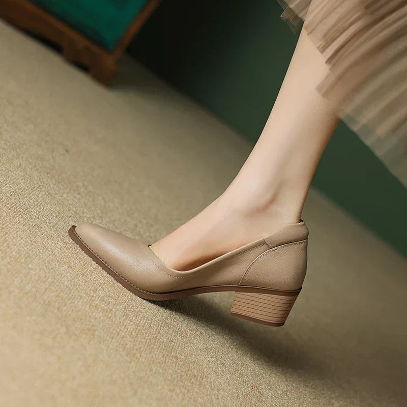 Elegant Leather Block Heel Pump for Women with Pointed Toe Slip On V Cut Casual Style