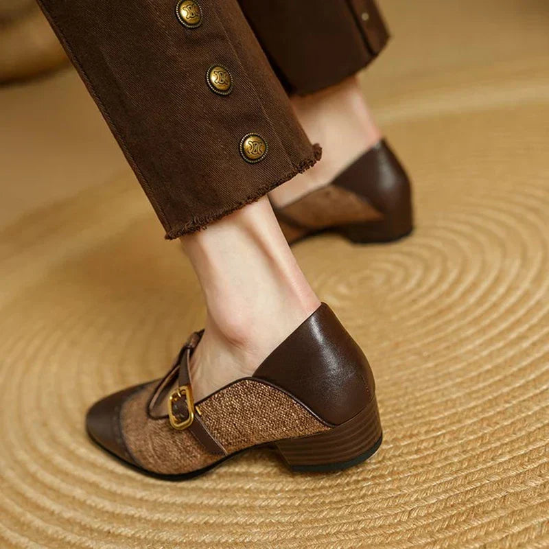 Elegant Tweed Mary Jane Flat for Women with T Strap Buckle Brogue Wingtip Style