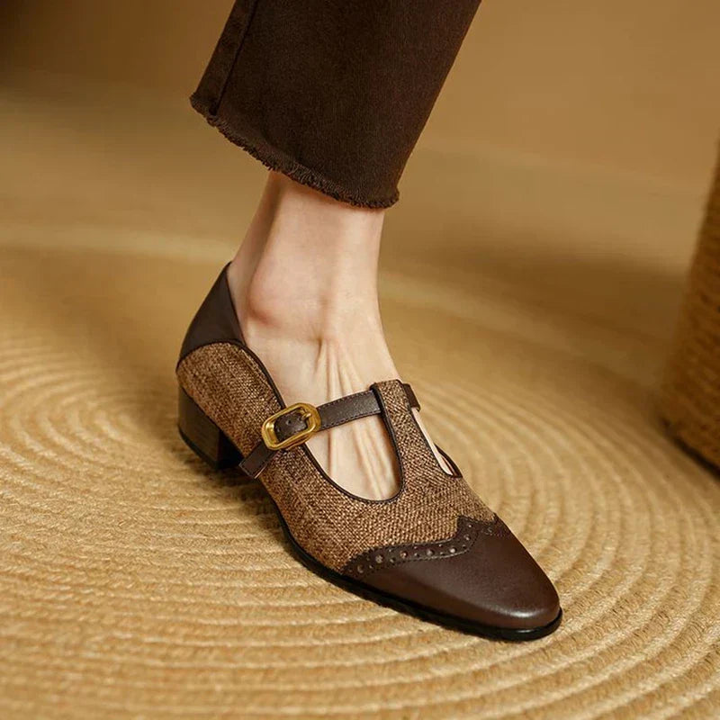 Elegant Tweed Mary Jane Flat for Women with T Strap Buckle Brogue Wingtip Style