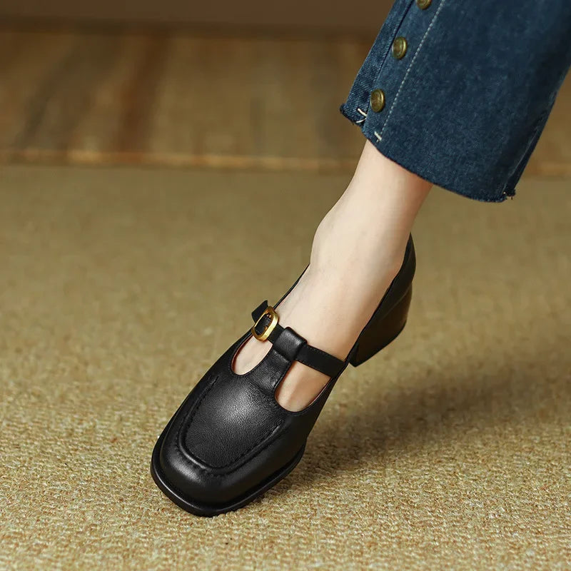 Elegant Leather Mary Jane Loafers for Women with T Strap Buckle Square Toe Block Heel Vintage Style