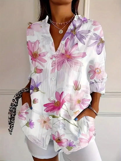 Effortless Floral Print Blouse for Women with V Neck Long Sleeve Button Front Relaxed Style