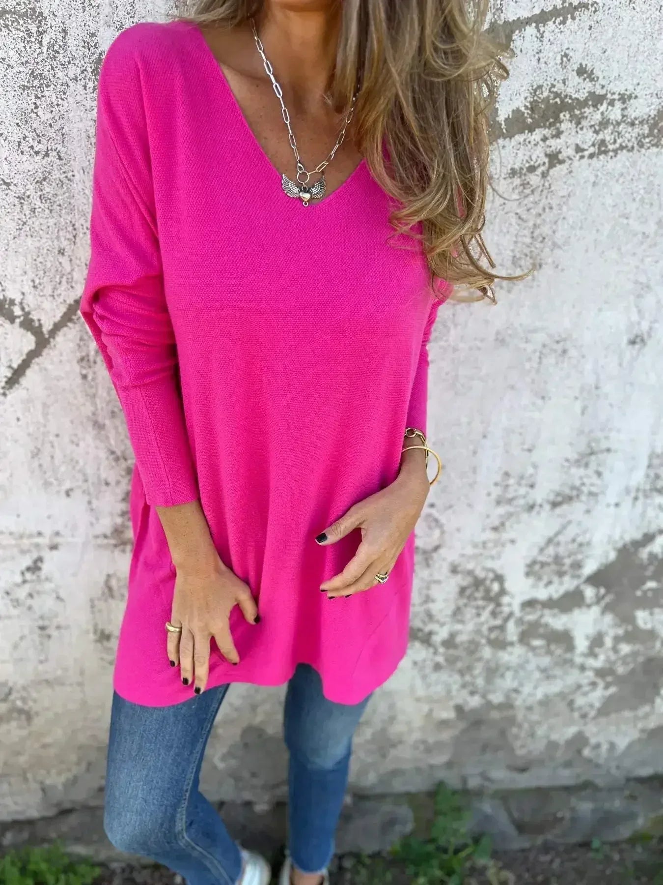 Comfortable Ribbed Knit Sweater Tunic for Women with V Neck Long Sleeve Oversized Relaxed Style