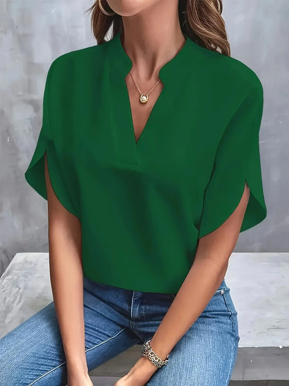 Effortless Chiffon Blouse for Women with Notch V Neck Flutter Sleeve Relaxed Flowing Style