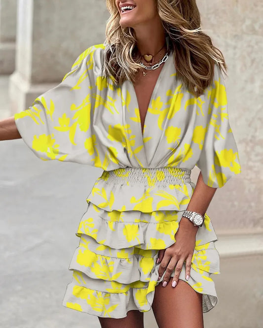 Effortless Floral Tiered Mini Dress for Women with V Neck Balloon Sleeve Smocked Waist Bohemian Style