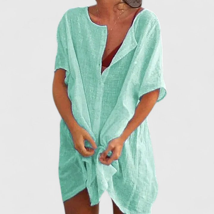 Effortless Linen Cover Up Dress for Women with V Neck Short Sleeve Button Front Relaxed Style