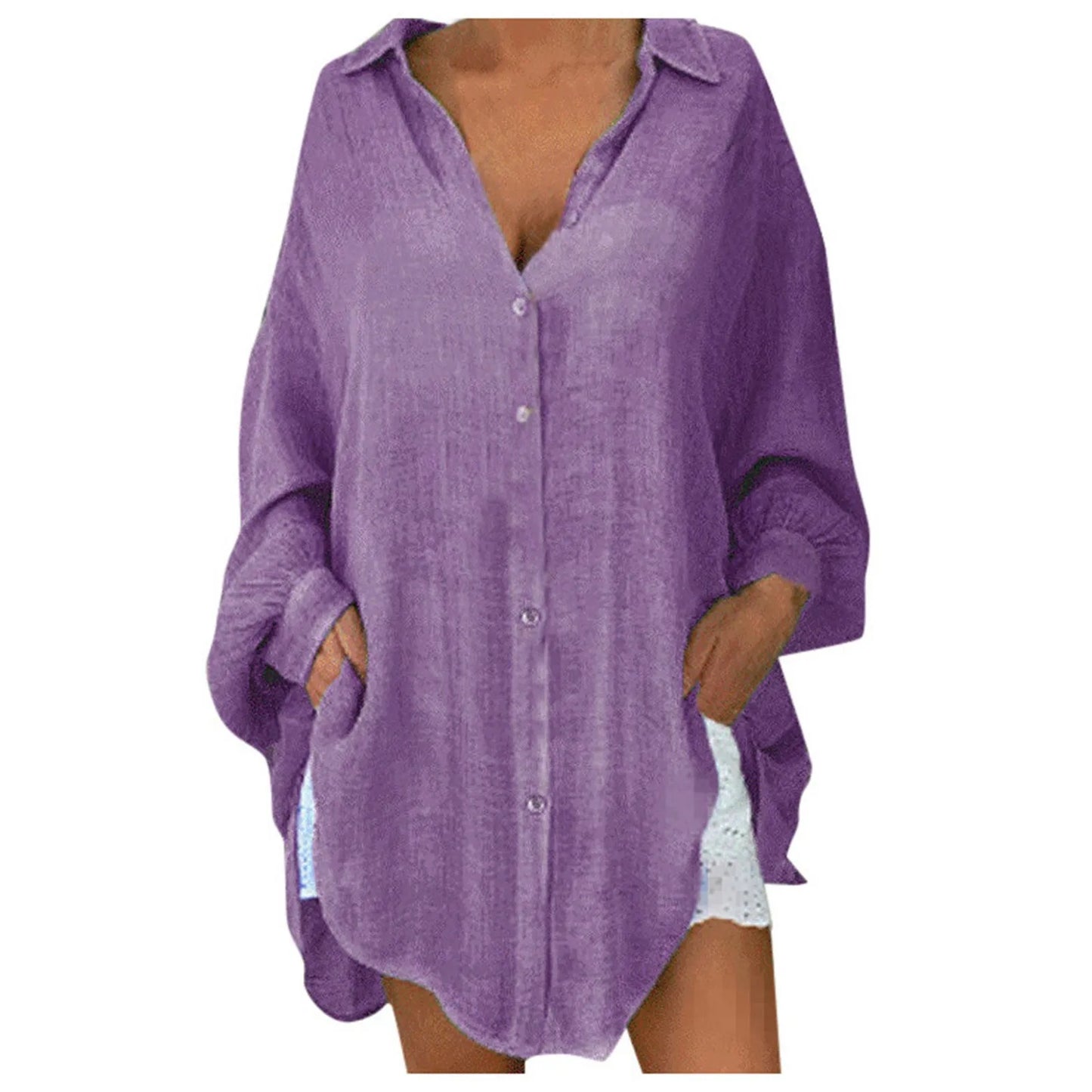 Effortless Linen Button Down Blouse for Women with Collar Long Sleeve Oversized High Low Relaxed Style