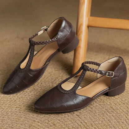 Elegant Croc Embossed Leather T-Strap Flats for Women with Pointed Toe Braided Strap Block Heel Style