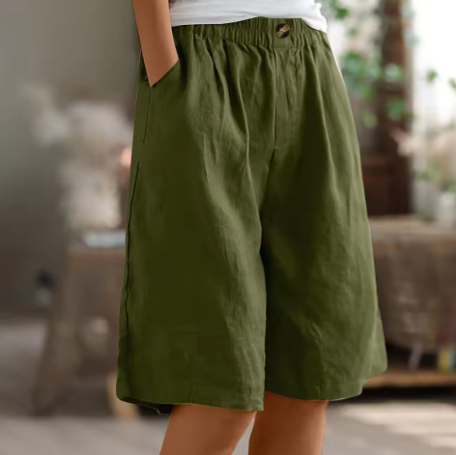 Effortless Olive Green Linen Shorts for Women with Elastic Waist Button Front Wide Leg Relaxed Style