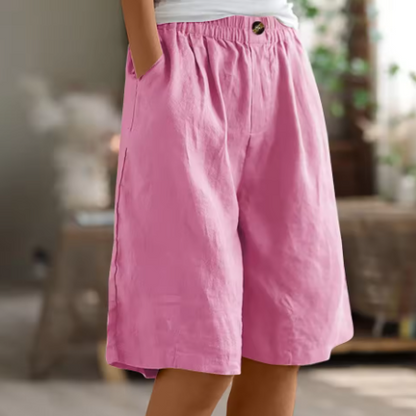 Effortless Olive Green Linen Shorts for Women with Elastic Waist Button Front Wide Leg Relaxed Style