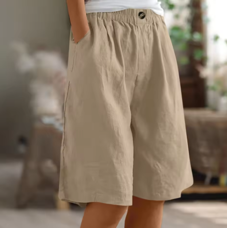 Effortless Olive Green Linen Shorts for Women with Elastic Waist Button Front Wide Leg Relaxed Style