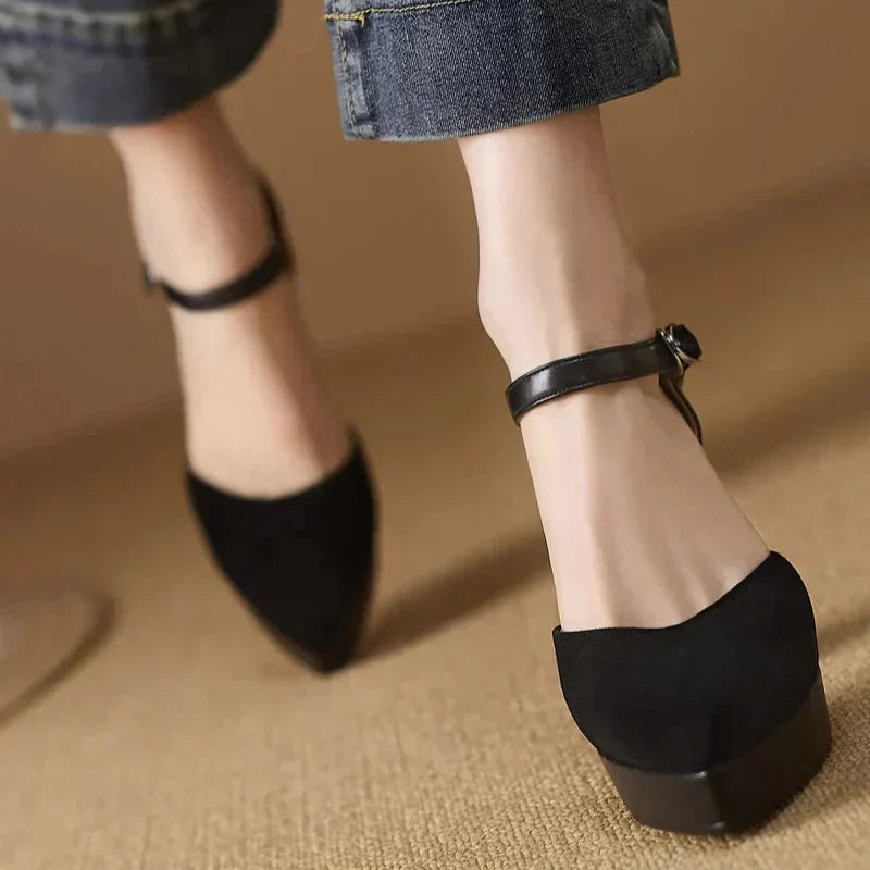 Stylish Suede Platform Pumps for Women with Mary Jane Buckle Strap Chunky Heel Style