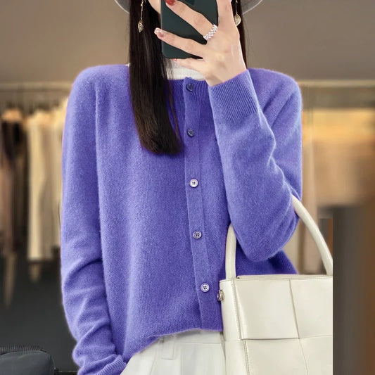 Comfortable Cardigan Sweater for Women with Round Neck Long Sleeve Button Front Relaxed Knit Style