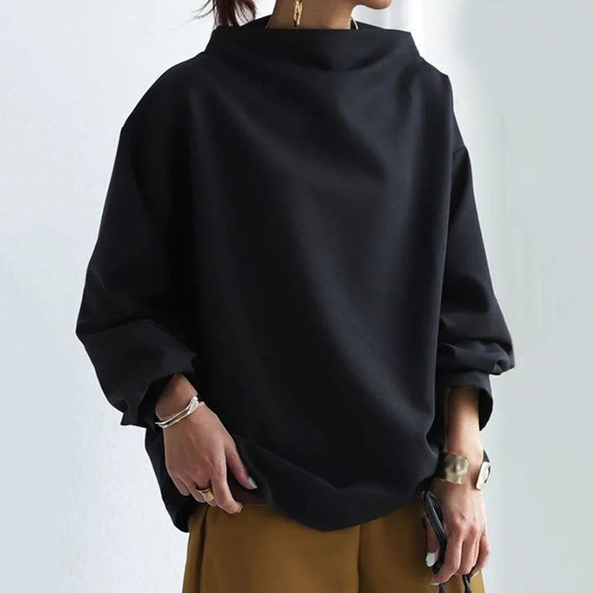Comfortable Oversized Blouse for Women with High Neck Balloon Sleeve Relaxed Knit Style