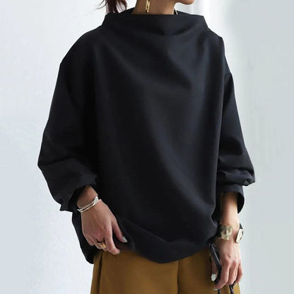 Comfortable Oversized Blouse for Women with High Neck Balloon Sleeve Relaxed Knit Style