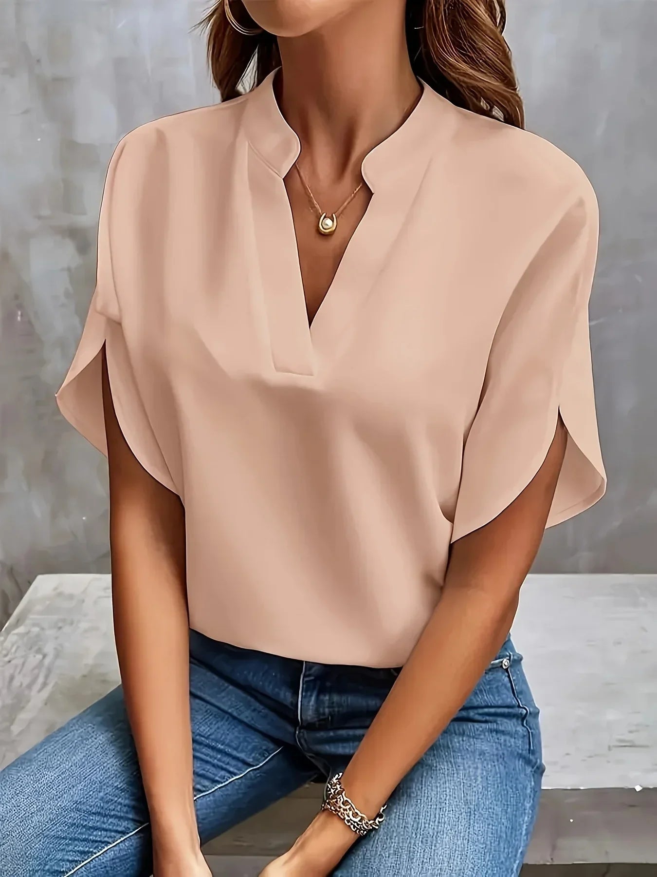 Effortless Chiffon Blouse for Women with Notch V Neck Flutter Sleeve Relaxed Flowing Style