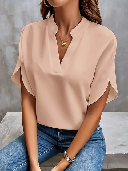 Effortless Chiffon Blouse for Women with Notch V Neck Flutter Sleeve Relaxed Flowing Style