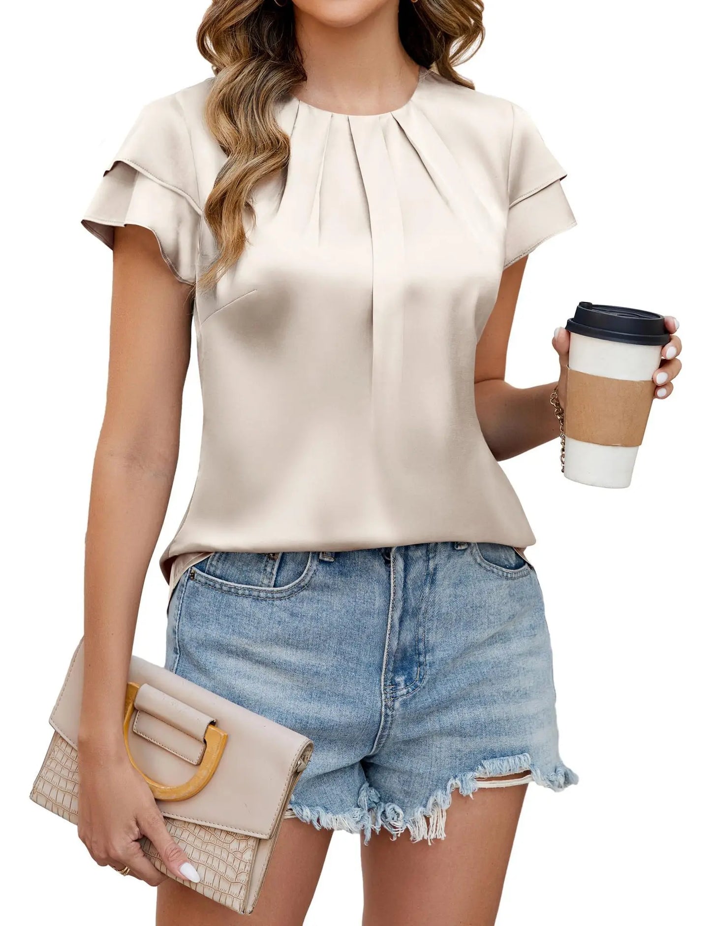 Elegant Satin Blouse for Women with Round Neck Pleated Ruffle Cap Sleeve Relaxed Style