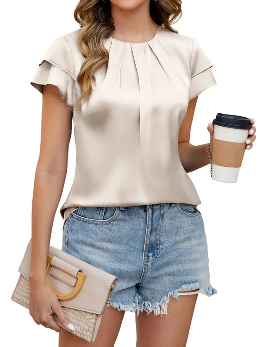 Elegant Satin Blouse for Women with Round Neck Pleated Ruffle Cap Sleeve Relaxed Style