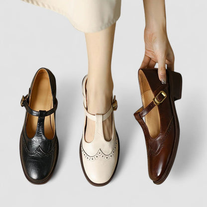 Elegant Leather Mary Jane Shoe for Women with T Strap Buckle Wingtip Brogue Style