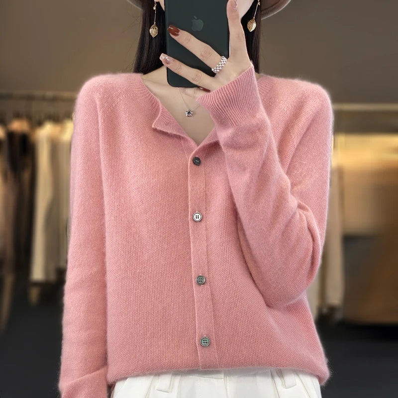 Comfortable Cardigan Sweater for Women with Round Neck Long Sleeve Button Front Relaxed Knit Style