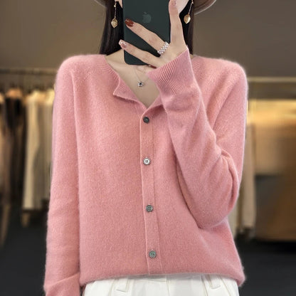 Comfortable Cardigan Sweater for Women with Round Neck Long Sleeve Button Front Relaxed Knit Style