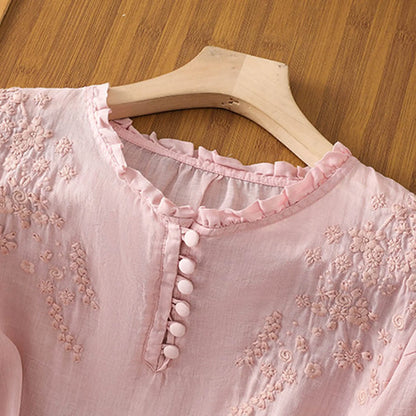 Effortless Embroidered Floral Blouse for Women with Ruffle V Neck Elbow Sleeve Button Front Boho Style