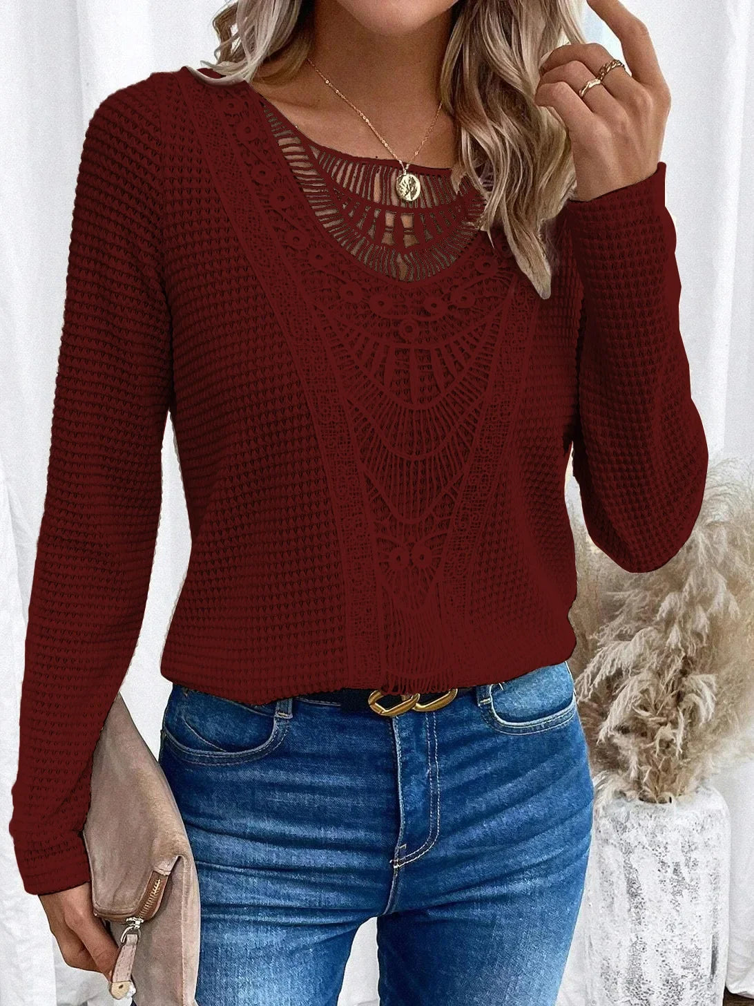 Effortless Waffle Knit Blouse for Women with Crochet Lace Long Sleeve Relaxed Boho Style
