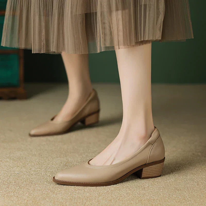 Elegant Leather Block Heel Pump for Women with Pointed Toe Slip On V Cut Casual Style