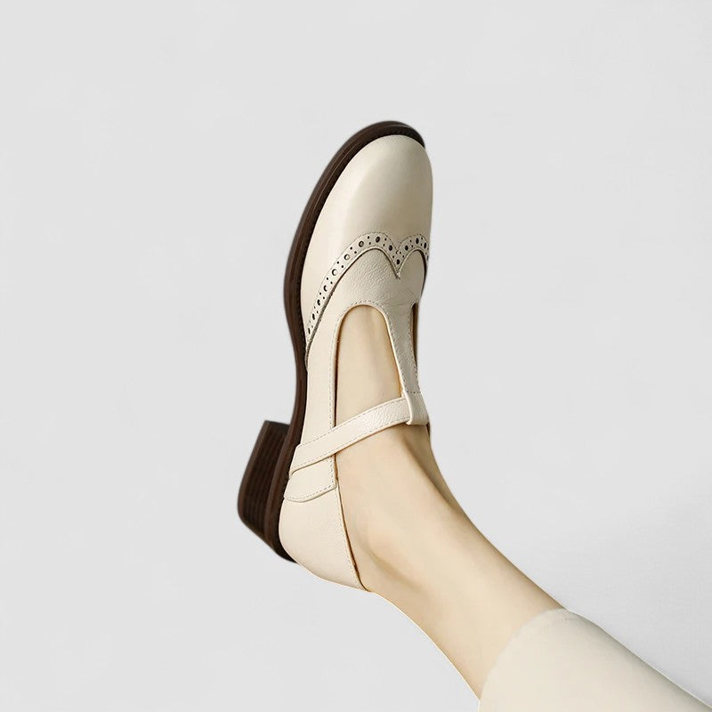 Elegant Leather Mary Jane Shoe for Women with T Strap Buckle Wingtip Brogue Style