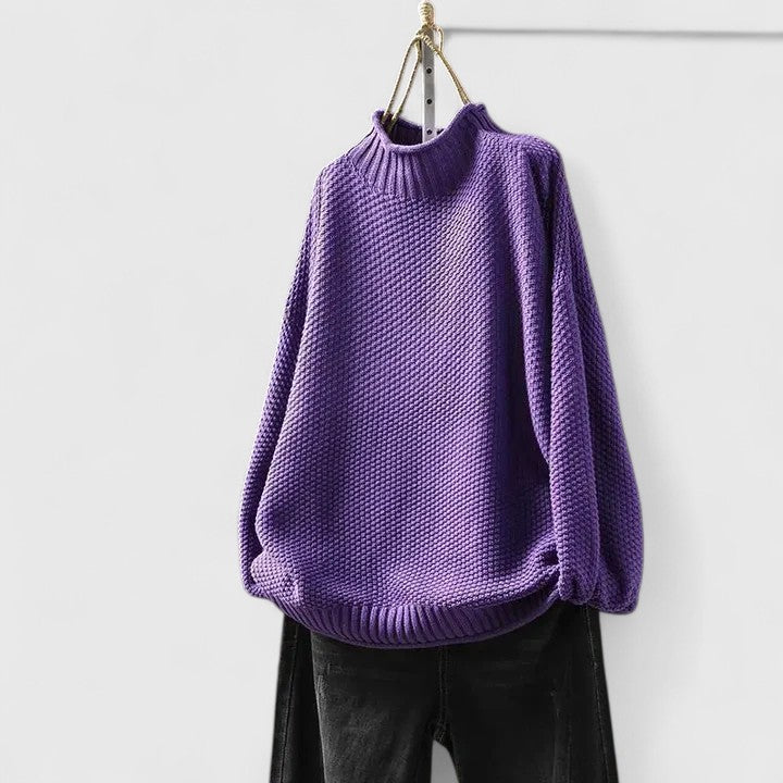 Comfortable Chunky Sweater for Women with Mock Neck Long Sleeve Relaxed Oversized Curved Hem Style