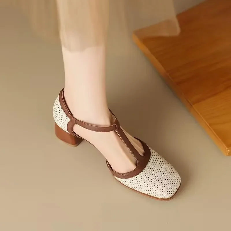 Elegant Perforated Leather Mary Jane Heels for Women with Square Toe T Strap Buckle Block Heel Style
