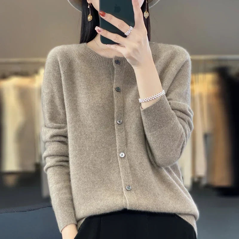 Comfortable Cardigan Sweater for Women with Round Neck Long Sleeve Button Front Relaxed Knit Style