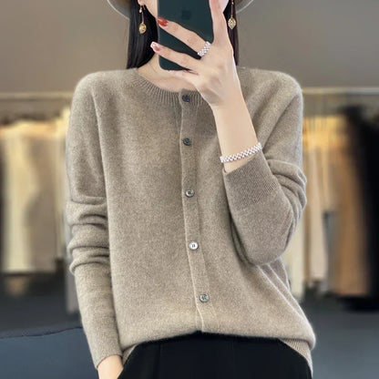 Comfortable Cardigan Sweater for Women with Round Neck Long Sleeve Button Front Relaxed Knit Style