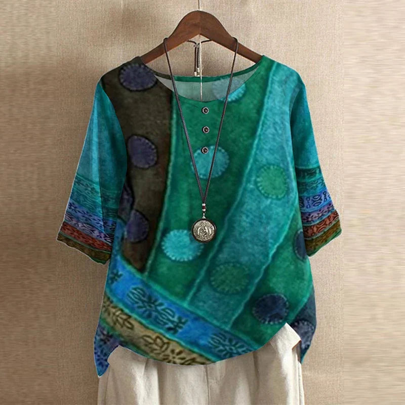 Effortless Patchwork Print Blouse for Women with Round Neck Half Sleeve Button Front Bohemian Style