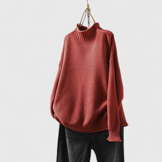 Comfortable Chunky Sweater for Women with Mock Neck Long Sleeve Relaxed Oversized Curved Hem Style