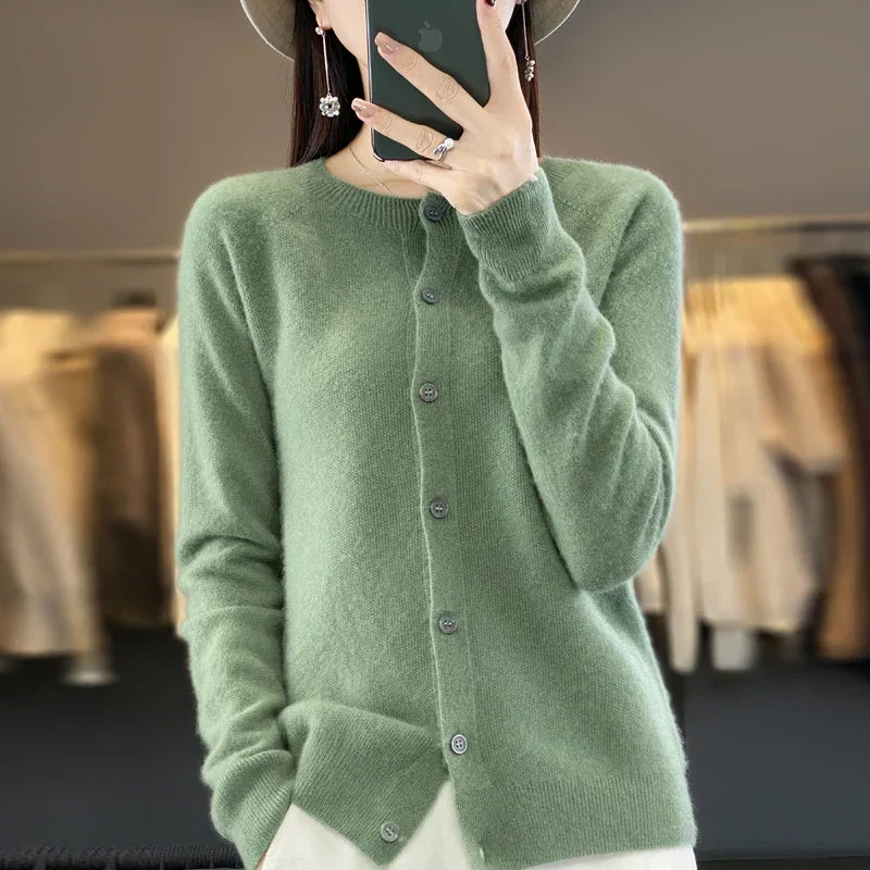 Comfortable Cardigan Sweater for Women with Round Neck Long Sleeve Button Front Relaxed Knit Style