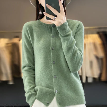Comfortable Cardigan Sweater for Women with Round Neck Long Sleeve Button Front Relaxed Knit Style