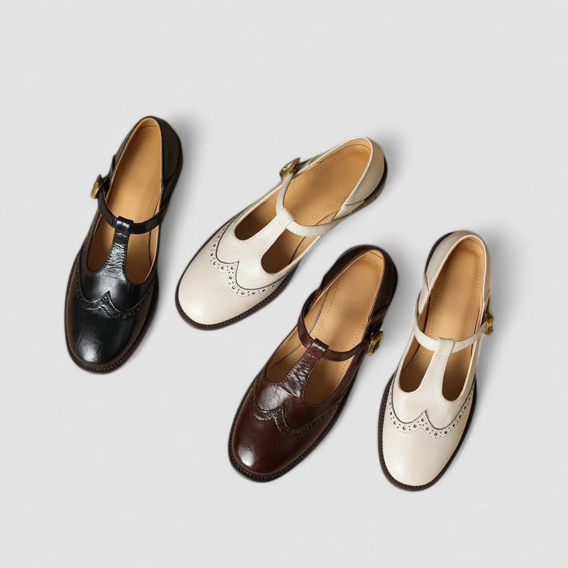 Elegant Leather Mary Jane Shoe for Women with T Strap Buckle Wingtip Brogue Style