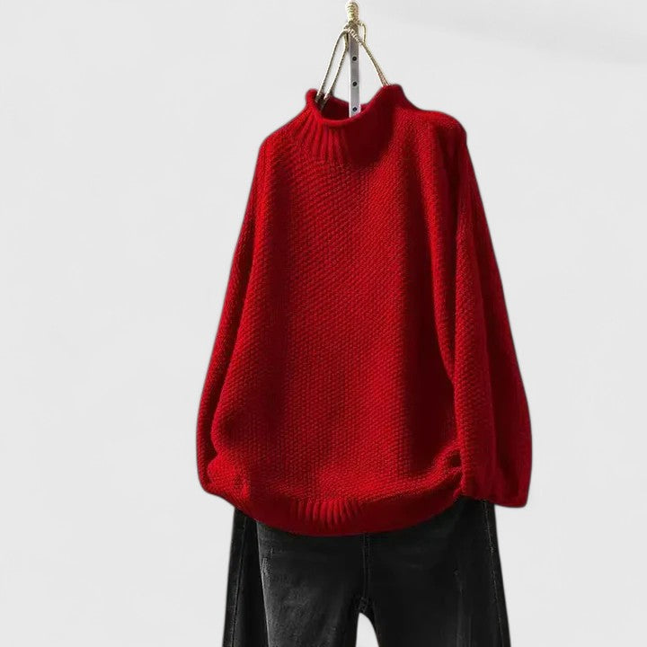 Comfortable Chunky Sweater for Women with Mock Neck Long Sleeve Relaxed Oversized Curved Hem Style