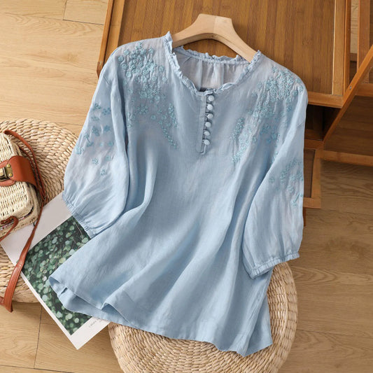 Effortless Embroidered Floral Blouse for Women with Ruffle V Neck Elbow Sleeve Button Front Boho Style