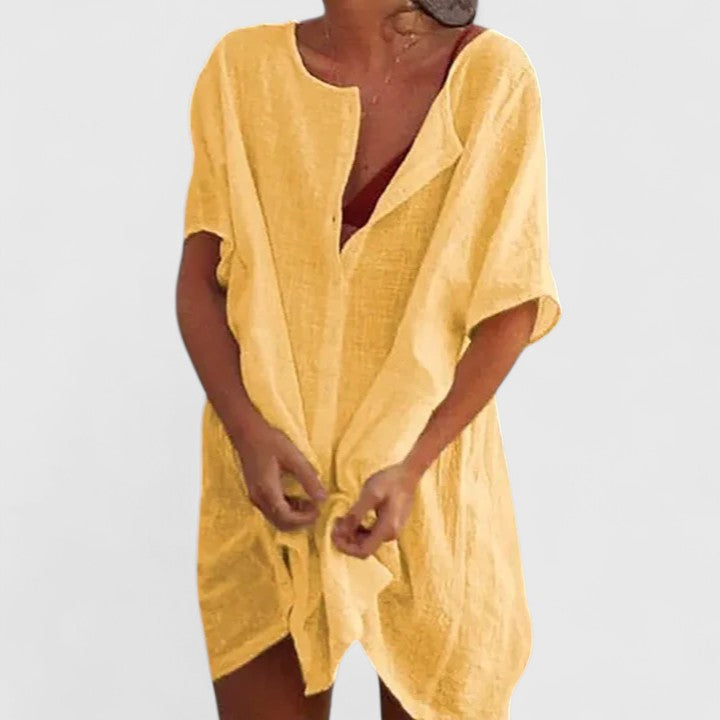 Effortless Linen Cover Up Dress for Women with V Neck Short Sleeve Button Front Relaxed Style