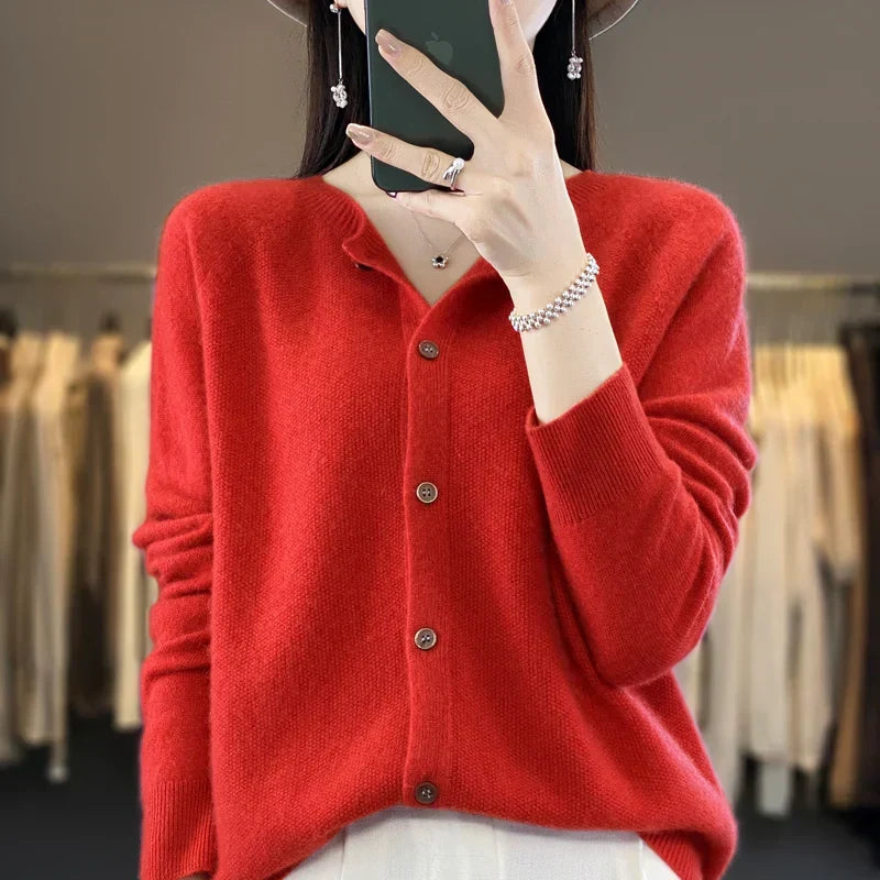 Comfortable Cardigan Sweater for Women with Round Neck Long Sleeve Button Front Relaxed Knit Style
